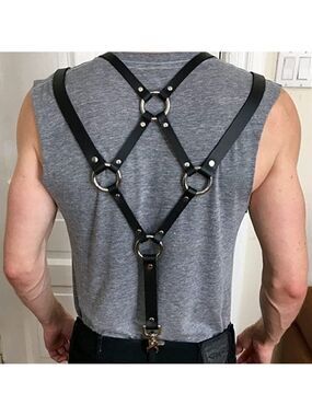 Black Leather Top Shoulder Suspenders Harness Belt BDSM Slave Fetish Bondage NWT